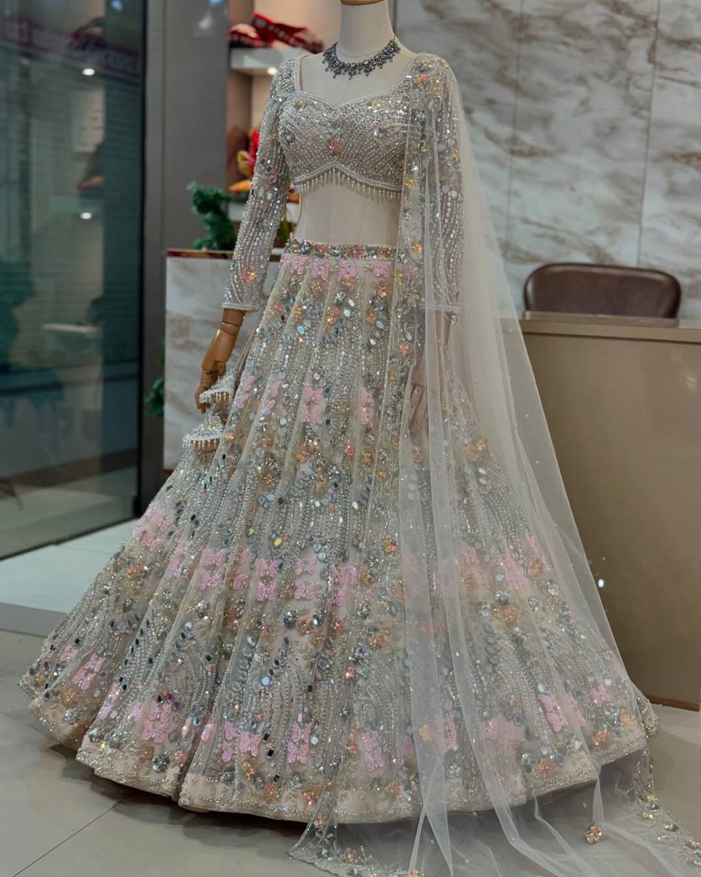 Buy Exquisite Butterfly Net Lehenga with Real Mirror Embroidery & Sequins Work