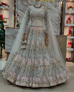 Net Mirror Work Embroidered Fabric with Silver Sequins and Pastel Threadwork