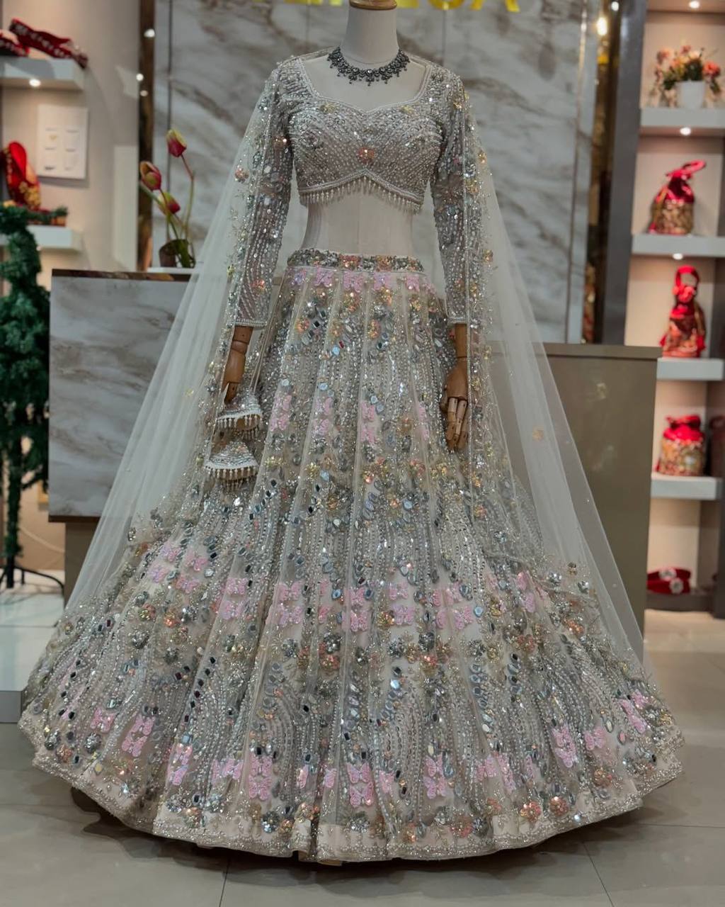 Buy Exquisite Butterfly Net Lehenga with Real Mirror Embroidery & Sequins Work