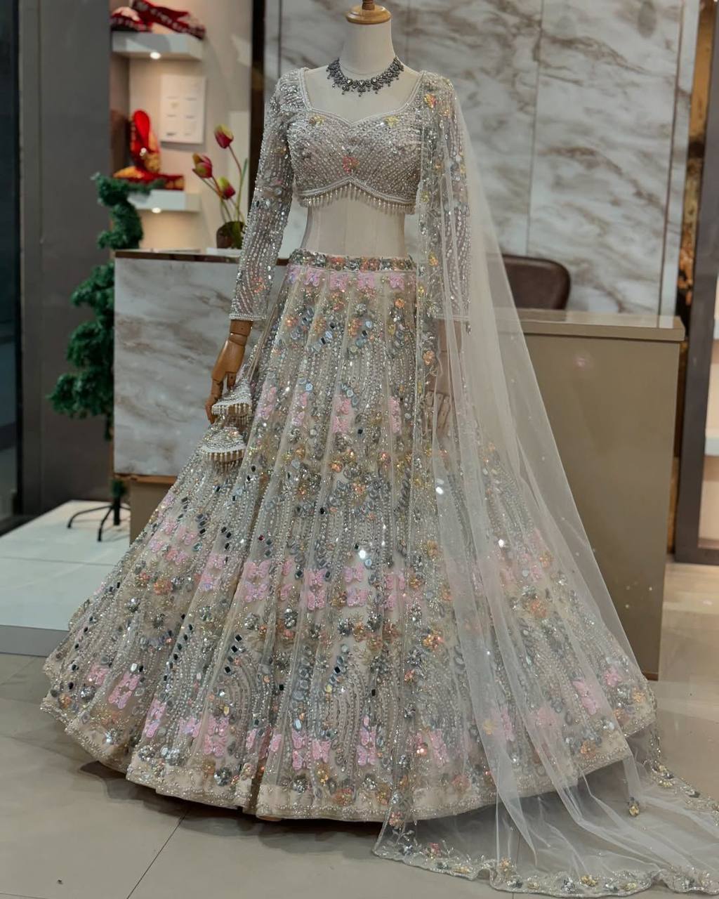 Buy Exquisite Butterfly Net Lehenga with Real Mirror Embroidery & Sequins Work