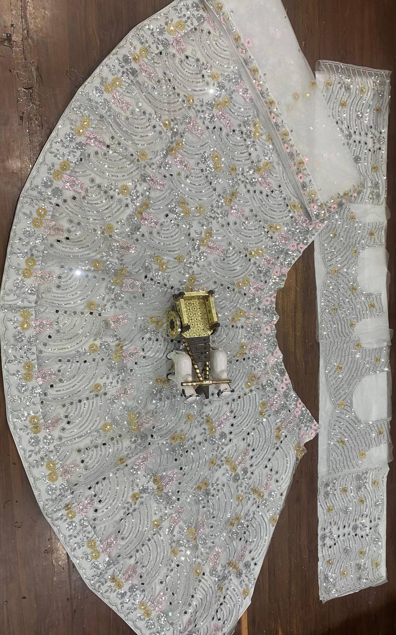 Net Mirror Work Embroidered Fabric with Silver Sequins and Pastel Threadwork