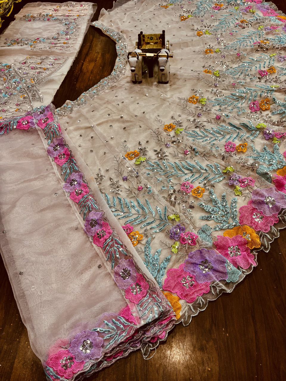 Multi-Color Embroidered Lehenga Set with 3D Floral and Sequin Work