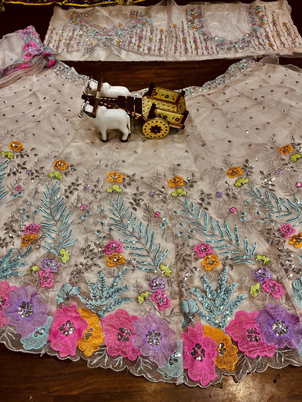 Multi-Color Embroidered Lehenga Set with 3D Floral and Sequin Work