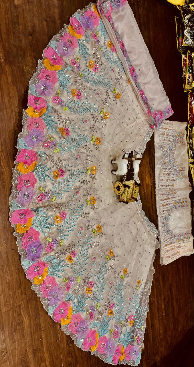 Multi-Color Embroidered Lehenga Set with 3D Floral and Sequin Work