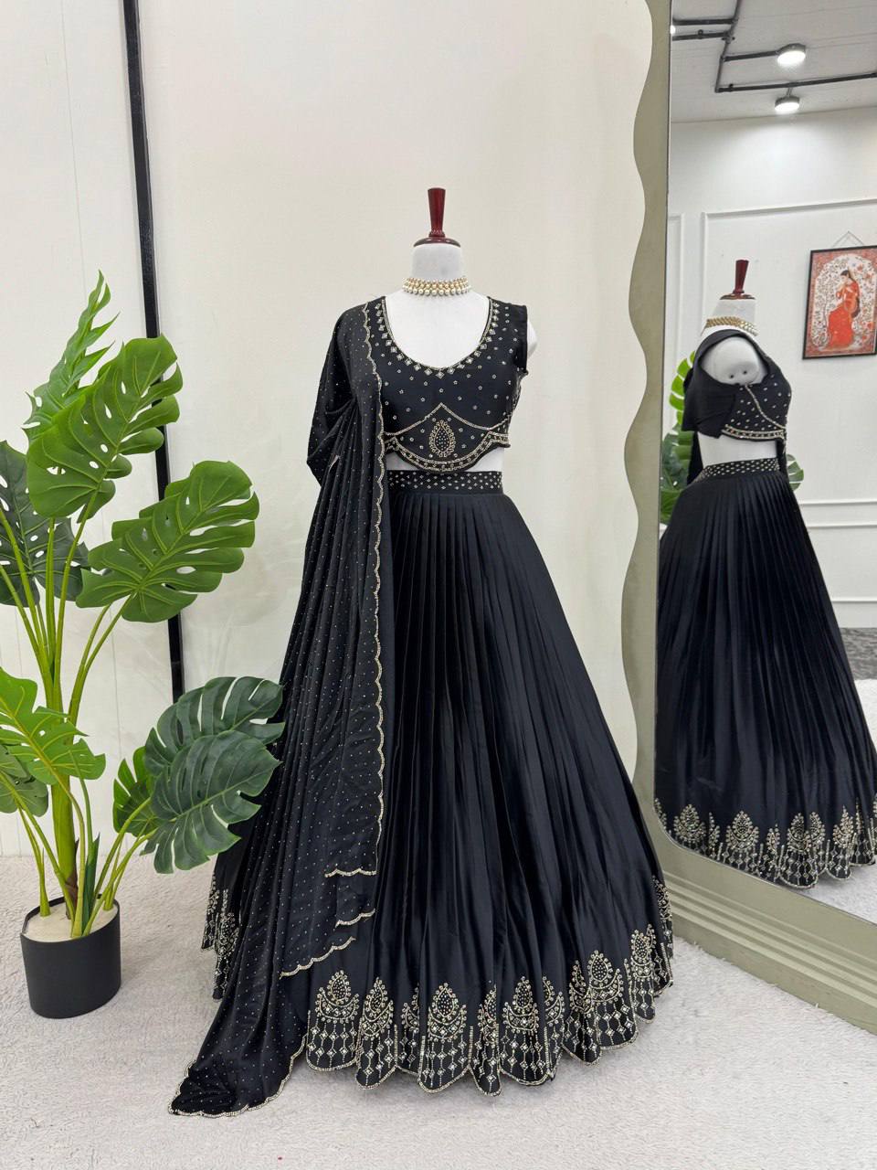 Satin Silk Lehenga Choli Set | Mirror Work & Cutwork Dupatta