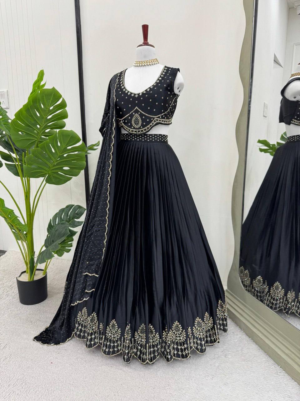 Satin Silk Lehenga Choli Set | Mirror Work & Cutwork Dupatta