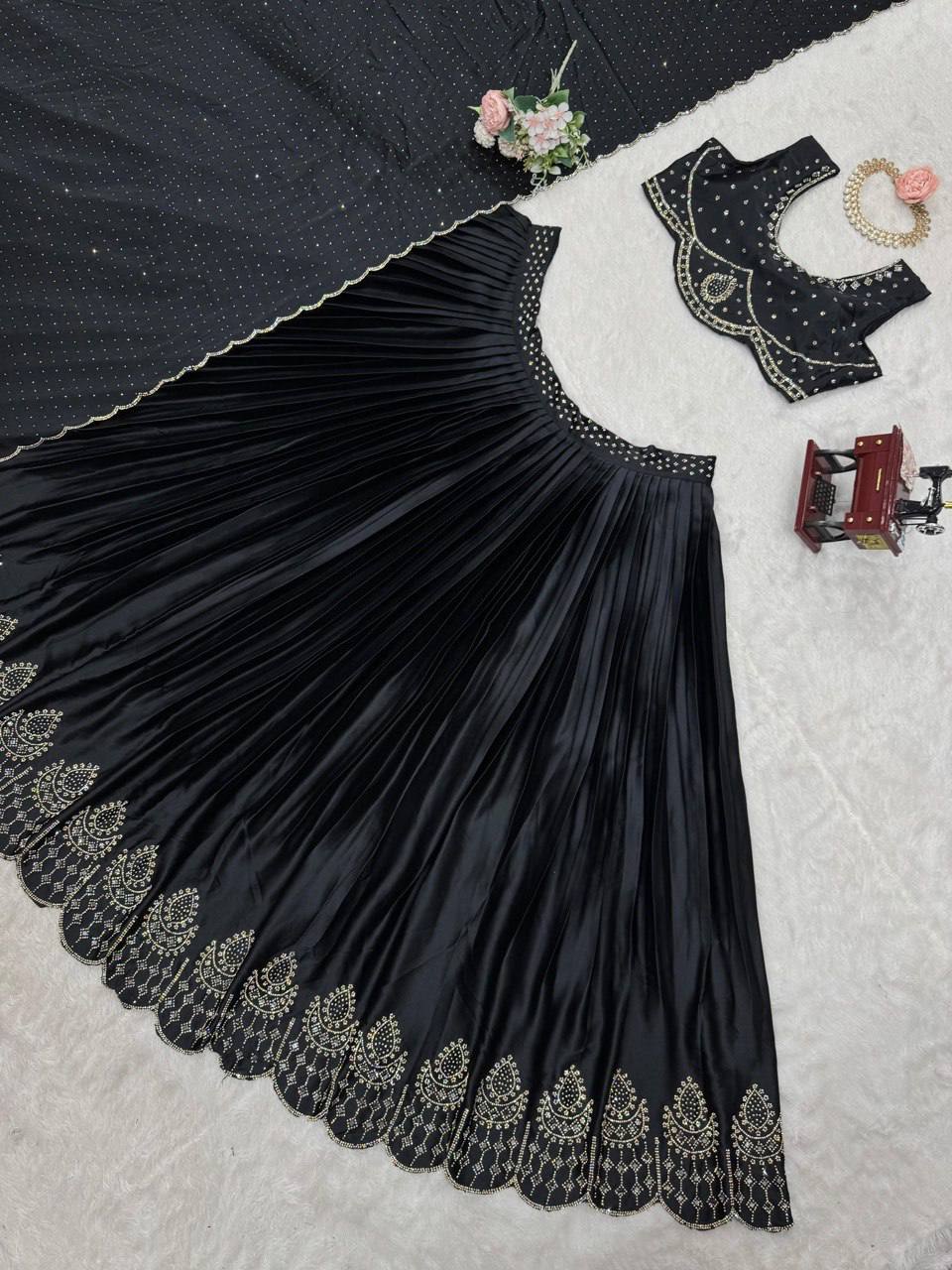 Satin Silk Lehenga Choli Set | Mirror Work & Cutwork Dupatta