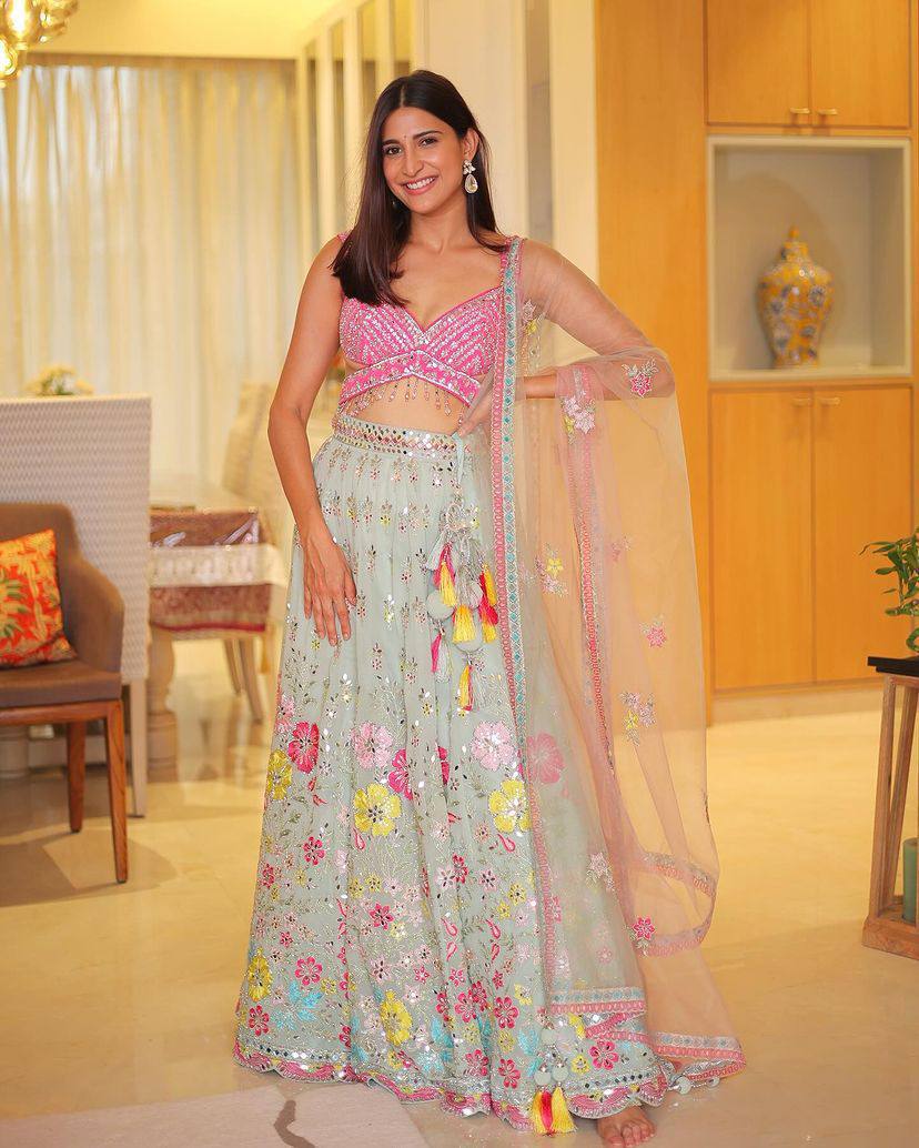 Fox Georgette Lehenga with Real Mirror Sequins Embroidery & Net Dupatta – Semi-Stitched Partywear Set