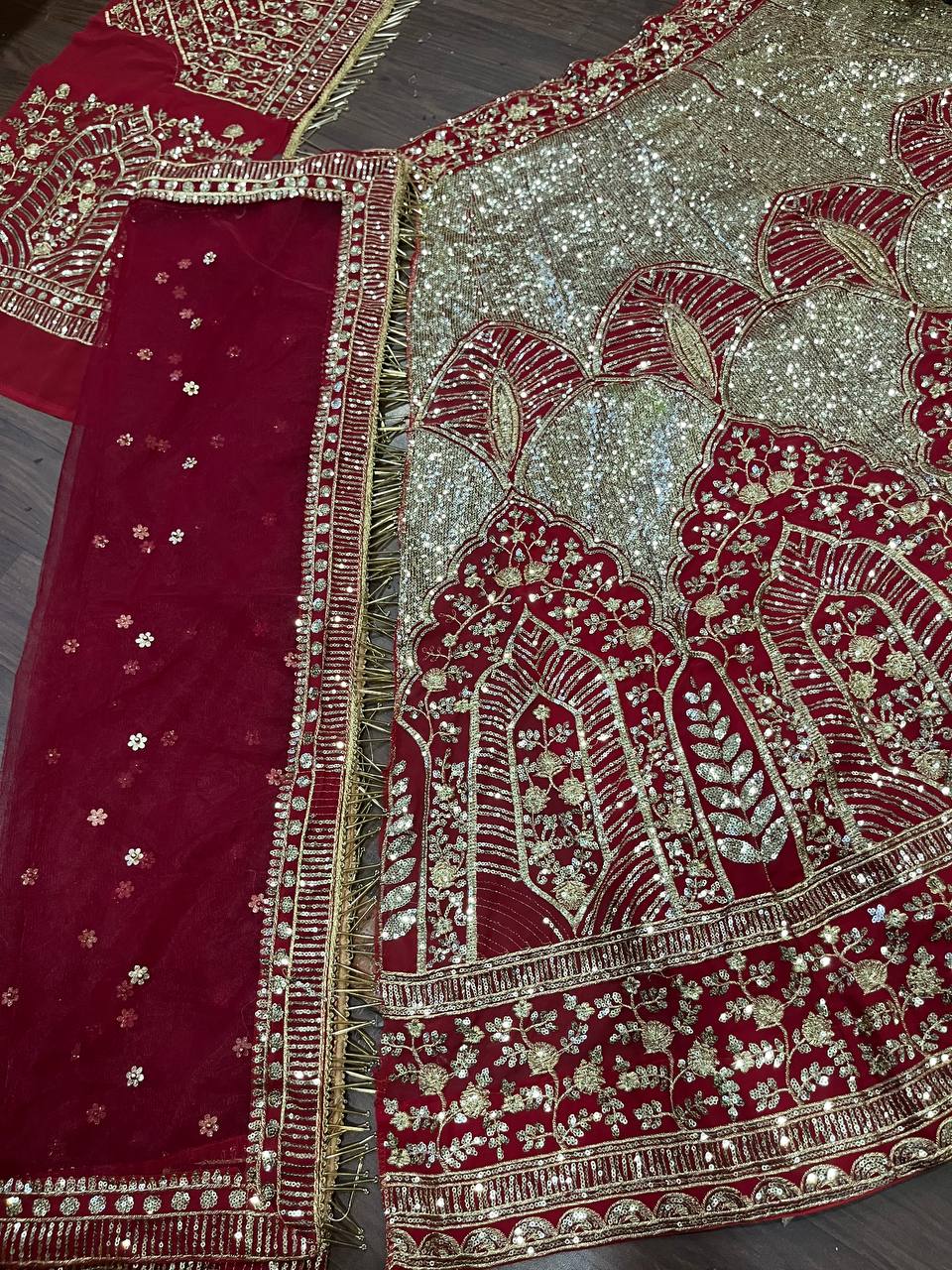 “Bridal Lehenga – Red & Gold Heavy Embroidered Zari and Sequins Work Wedding Wear”