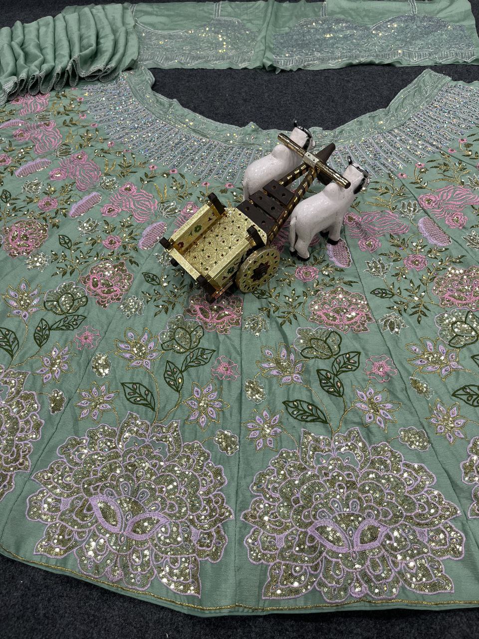 Mint Green Floral Sequin Embroidered Lehenga Choli