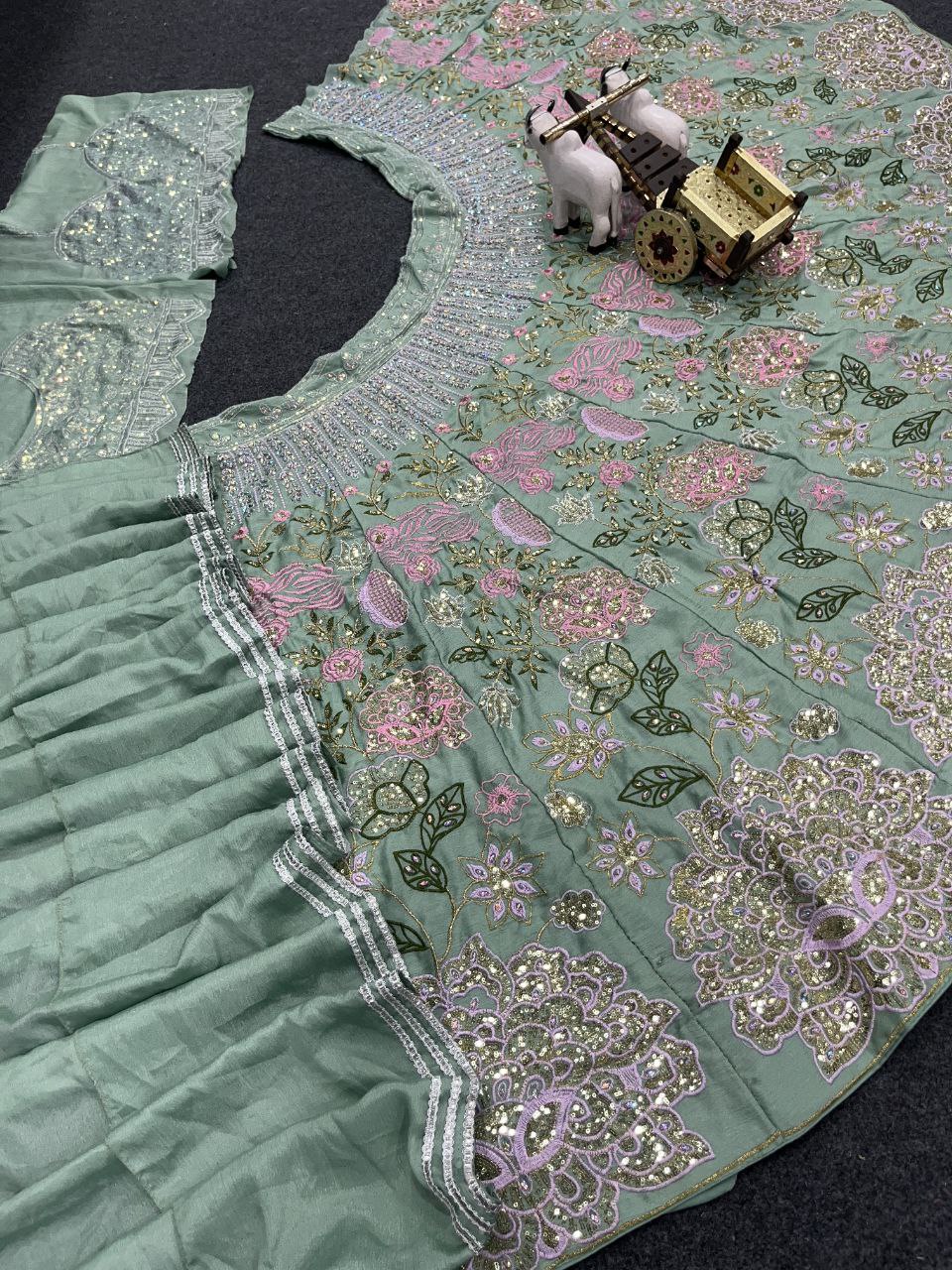 Mint Green Floral Sequin Embroidered Lehenga Choli