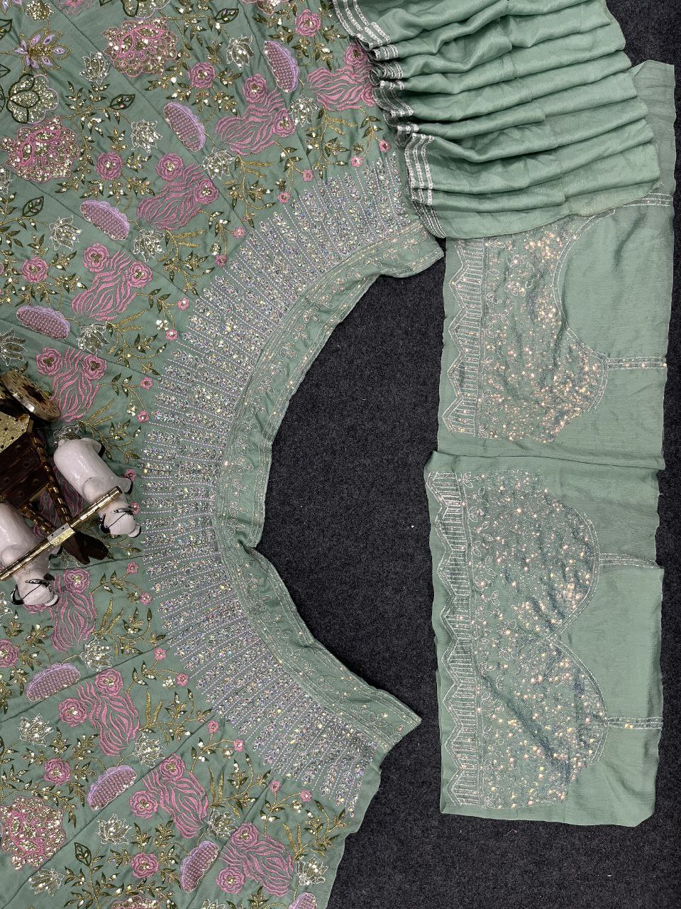 Mint Green Floral Sequin Embroidered Lehenga Choli