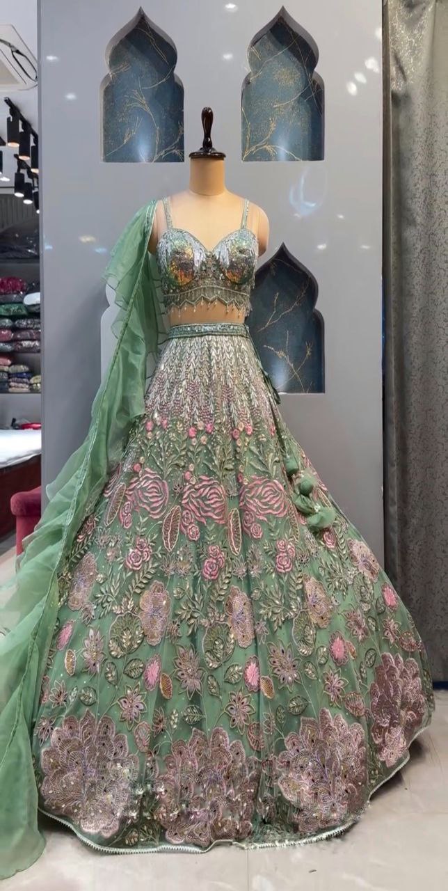 Mint Green Floral Sequin Embroidered Lehenga Choli