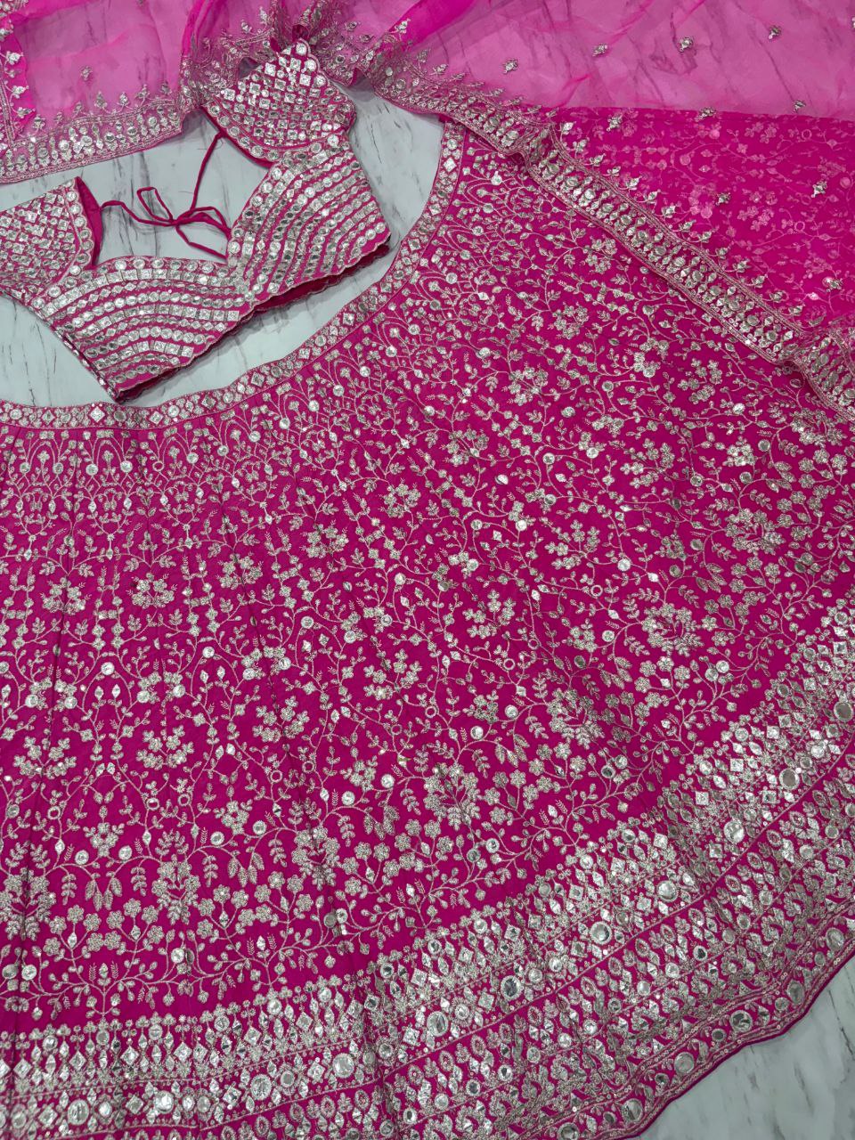 Designer Faux Georgette Lehenga Choli | Thread Embroidery & Foil Mirror Work | Bridal & Wedding Wear | Heavy Sequins & Jari Details