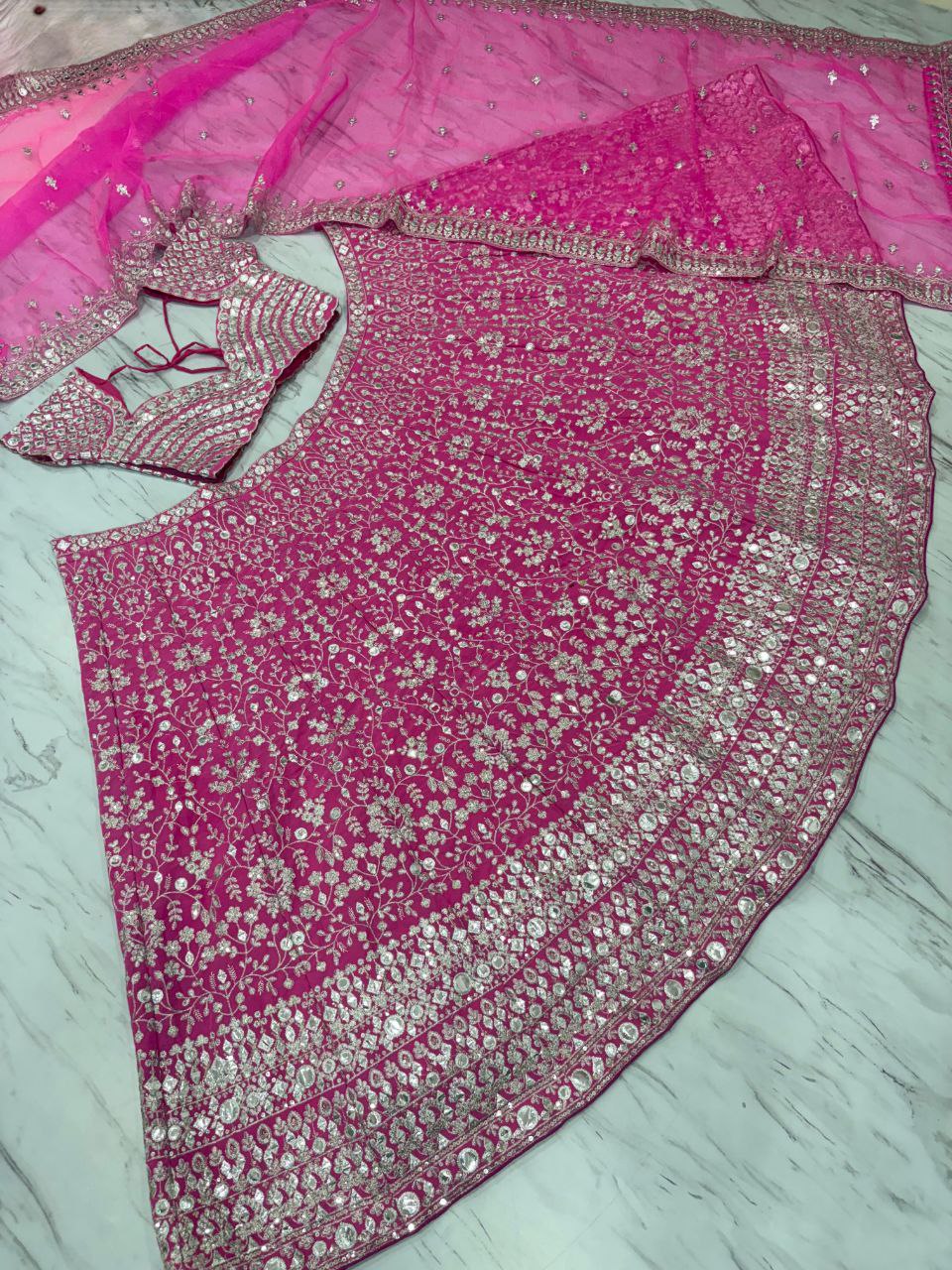 Designer Faux Georgette Lehenga Choli | Thread Embroidery & Foil Mirror Work | Bridal & Wedding Wear | Heavy Sequins & Jari Details