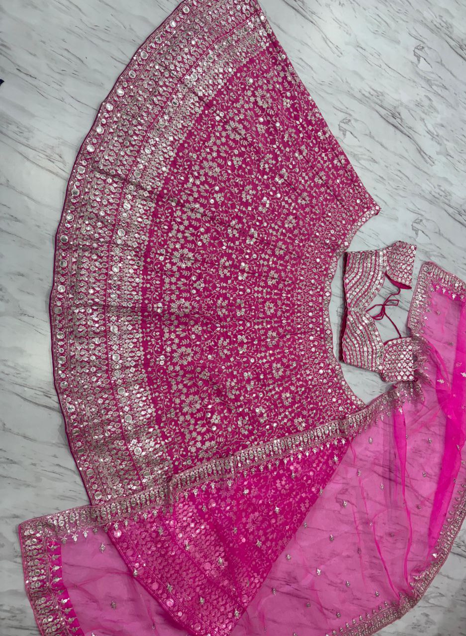 Designer Faux Georgette Lehenga Choli | Thread Embroidery & Foil Mirror Work | Bridal & Wedding Wear | Heavy Sequins & Jari Details