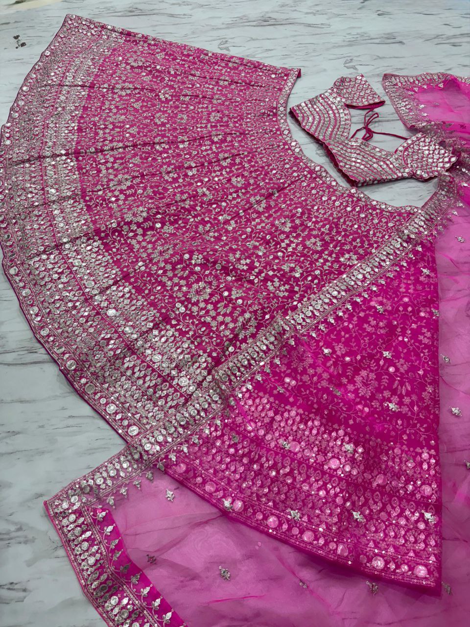 Designer Faux Georgette Lehenga Choli | Thread Embroidery & Foil Mirror Work | Bridal & Wedding Wear | Heavy Sequins & Jari Details