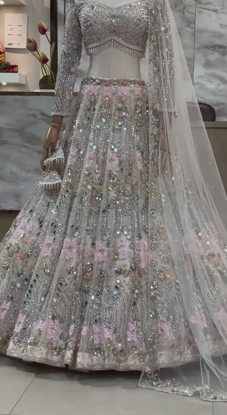 Buy Exquisite Butterfly Net Lehenga with Real Mirror Embroidery & Sequins Work