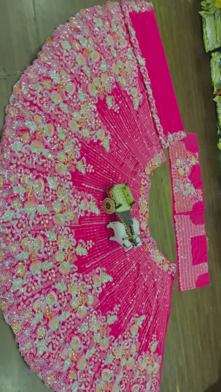 Hot Pink Multicolor Embroidered Fabric with Sequin and Mirror Work