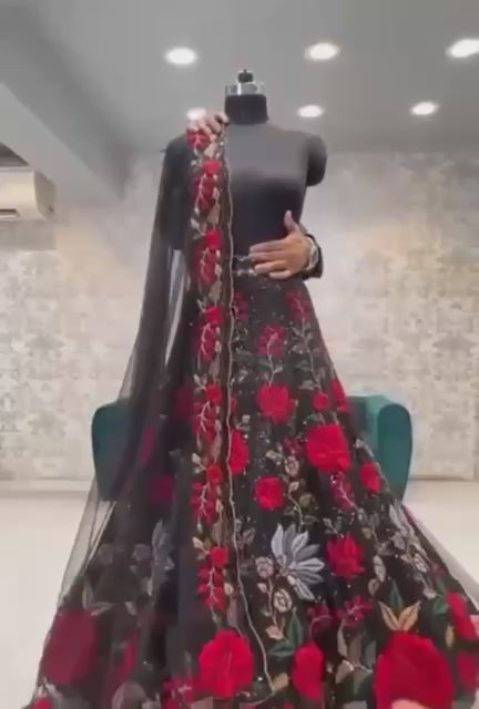Trendy black Soft Mono Net lehenga with Embroidered Work With Cancan  and designer blouse