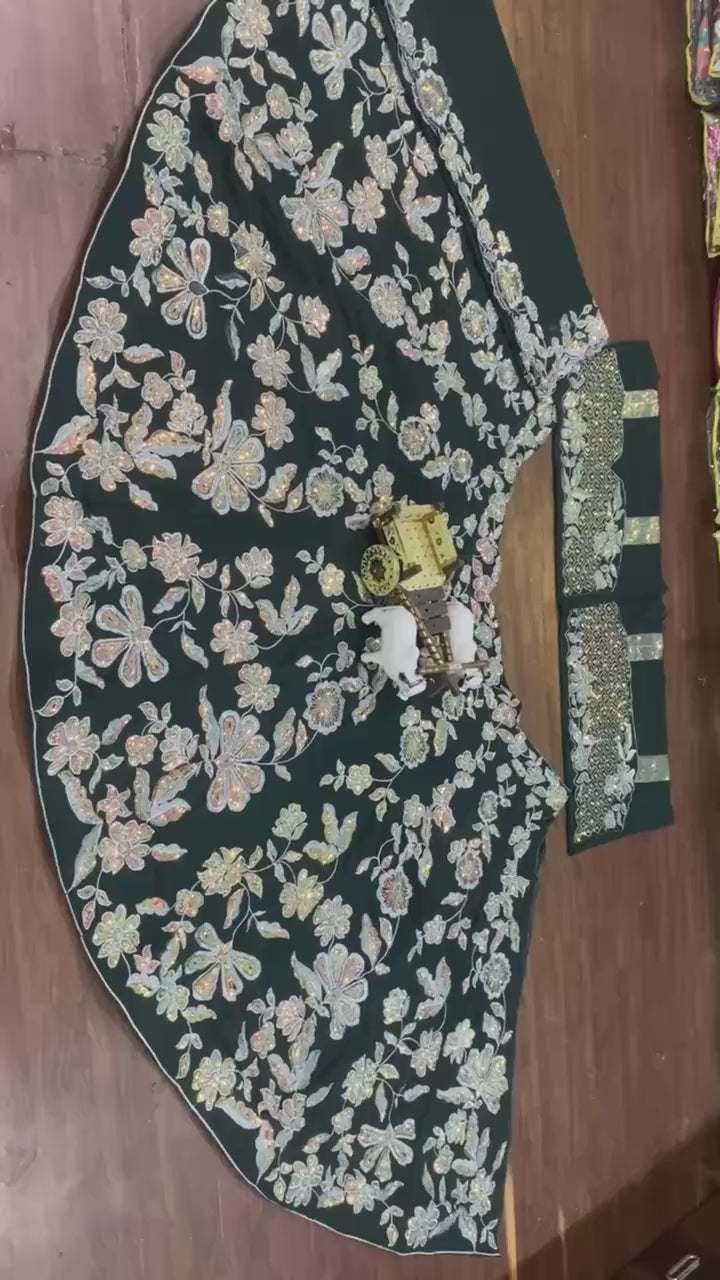 Emerald  Floral Embroidered Velvet Lehenga Set with Sequin and Zari Work