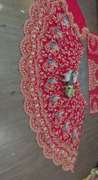 Red Faux Georgette Lehenga with Peacock Embroidery & Sequins Work – Butterfly Net Dupatta | Blouse up to 3XL