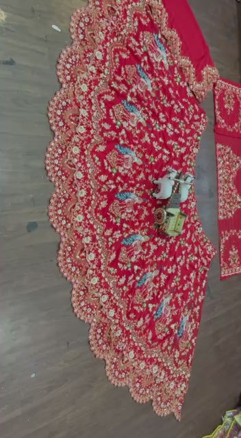 Red Faux Georgette Lehenga with Peacock Embroidery & Sequins Work – Butterfly Net Dupatta | Blouse up to 3XL