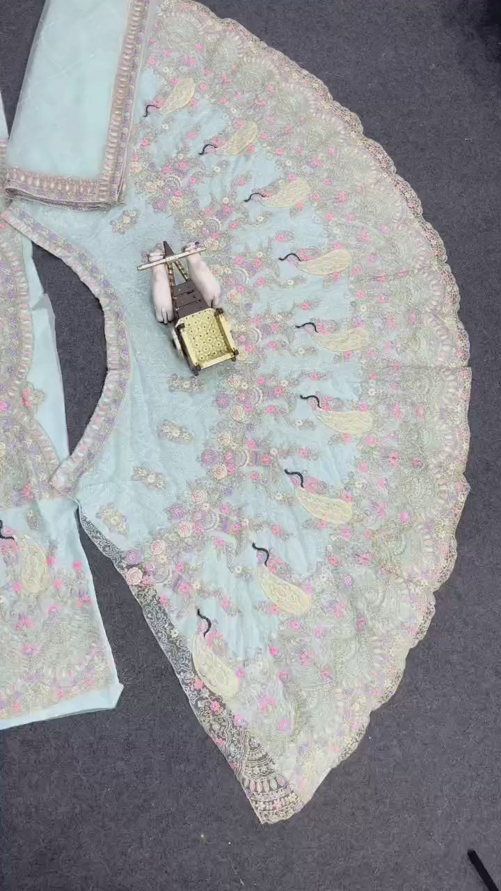 Pastel Blue Butterfly Net Lehenga with Coding Sequins Embroidery | Length 42 | Blouse up to 3XL