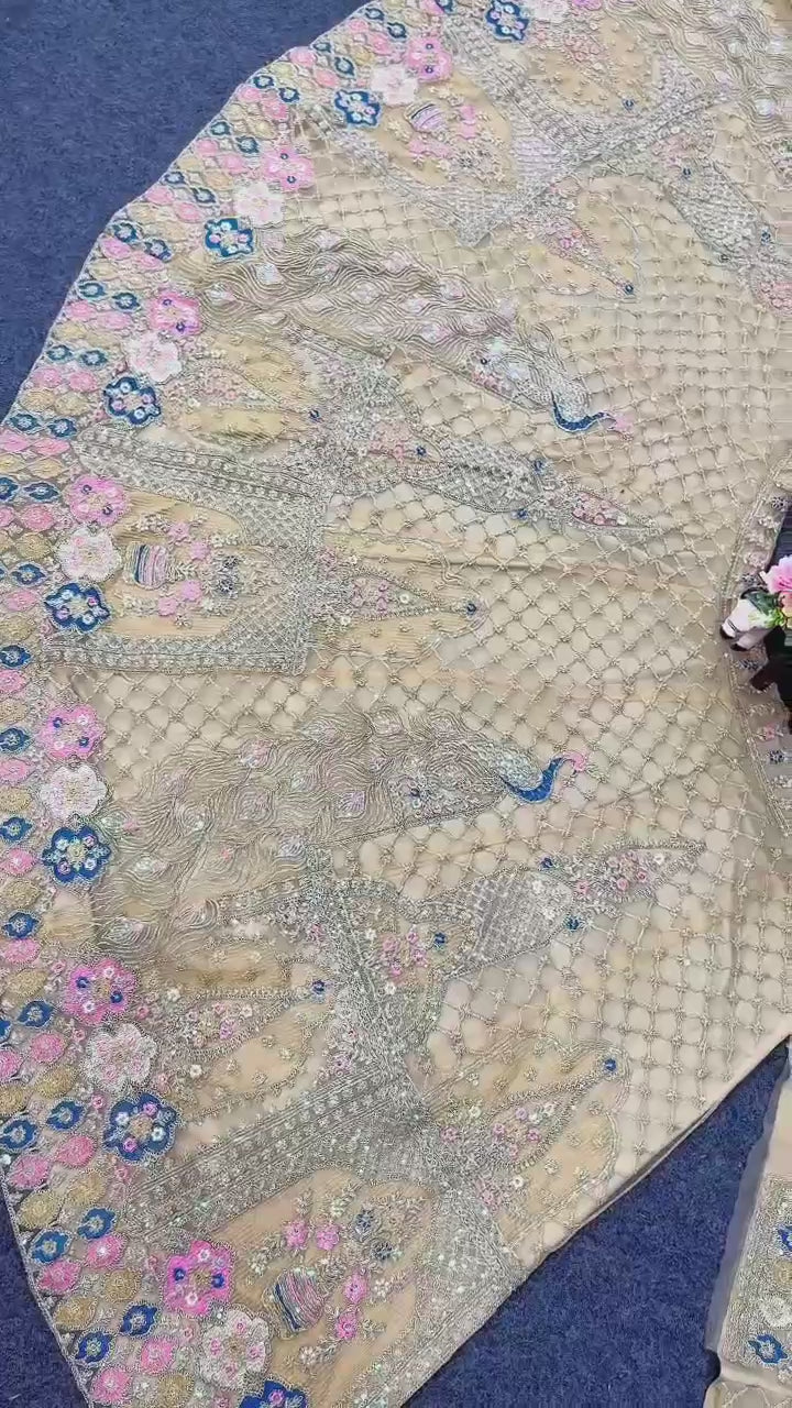 Beige Peacock Embroidered Lehenga Fabric with Zari, Sequin & Mirror Work