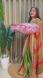 Hot Pink Multicolor Embroidered Fabric with Sequin and Mirror Work