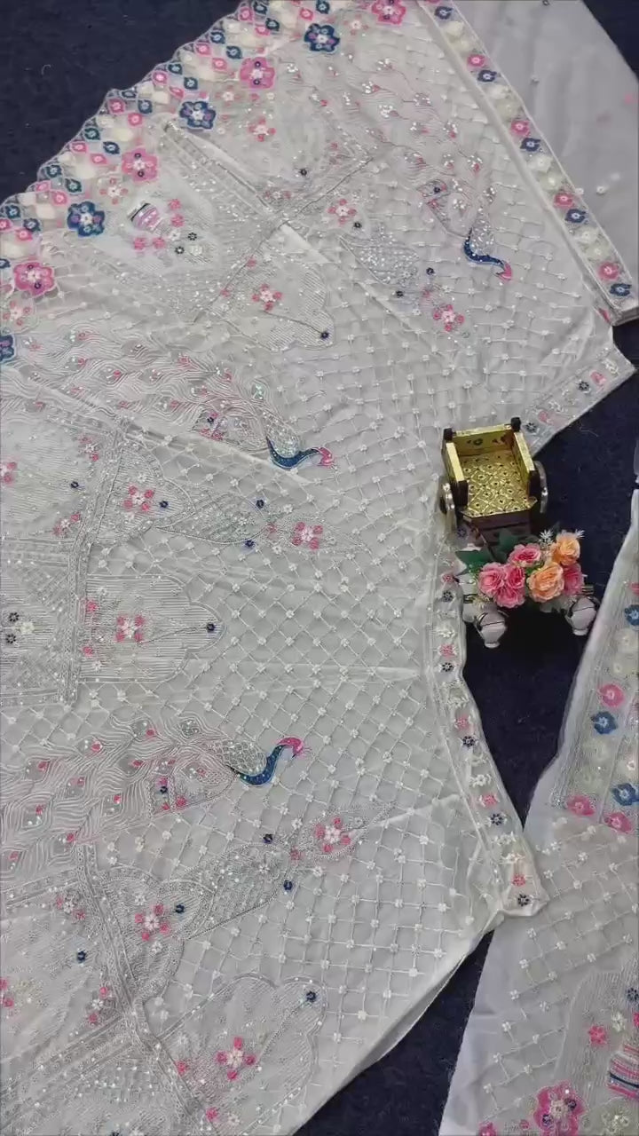 Off-White Peacock Embroidered Lehenga Set with Sequin and Thread Work