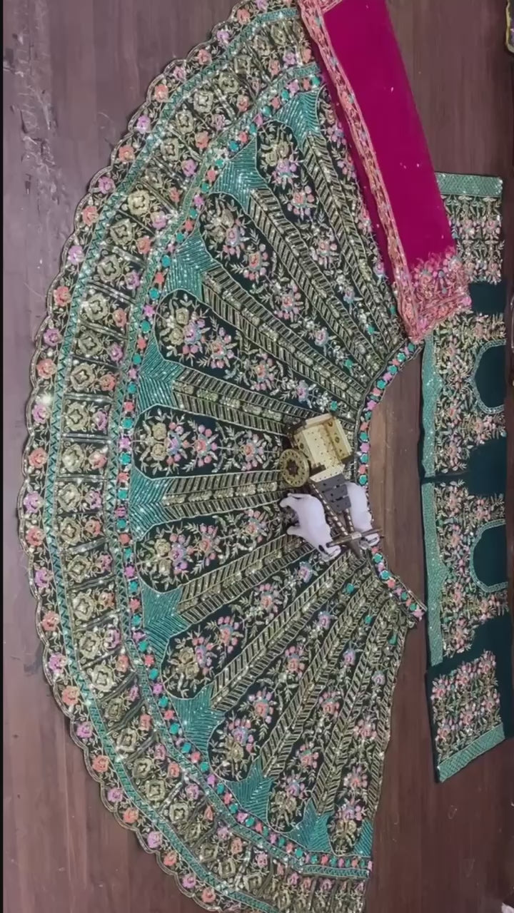 Black and Teal Heavy Embroidered Bridal Lehenga Set with Red Dupatta