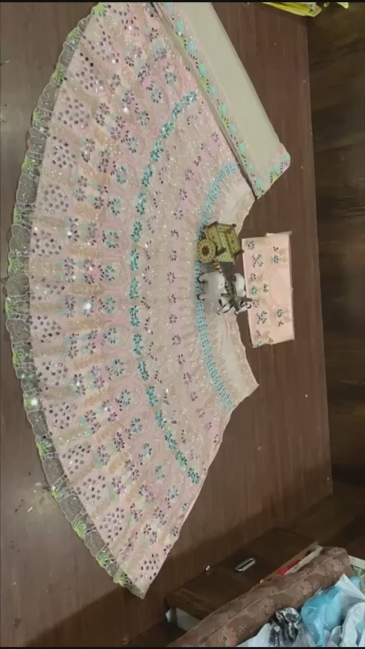 Peach Pink Embroidered Lehenga Set with Mint Green and Blue Sequin Mirror Work