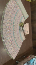 Peach Pink Embroidered Lehenga Set with Mint Green and Blue Sequin Mirror Work