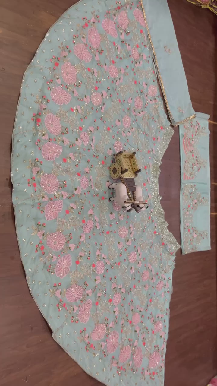 Mint Green Embroidered Lehenga Set with Pink and Coral Floral Sequin Work
