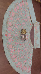 Mint Green Embroidered Lehenga Set with Pink and Coral Floral Sequin Work