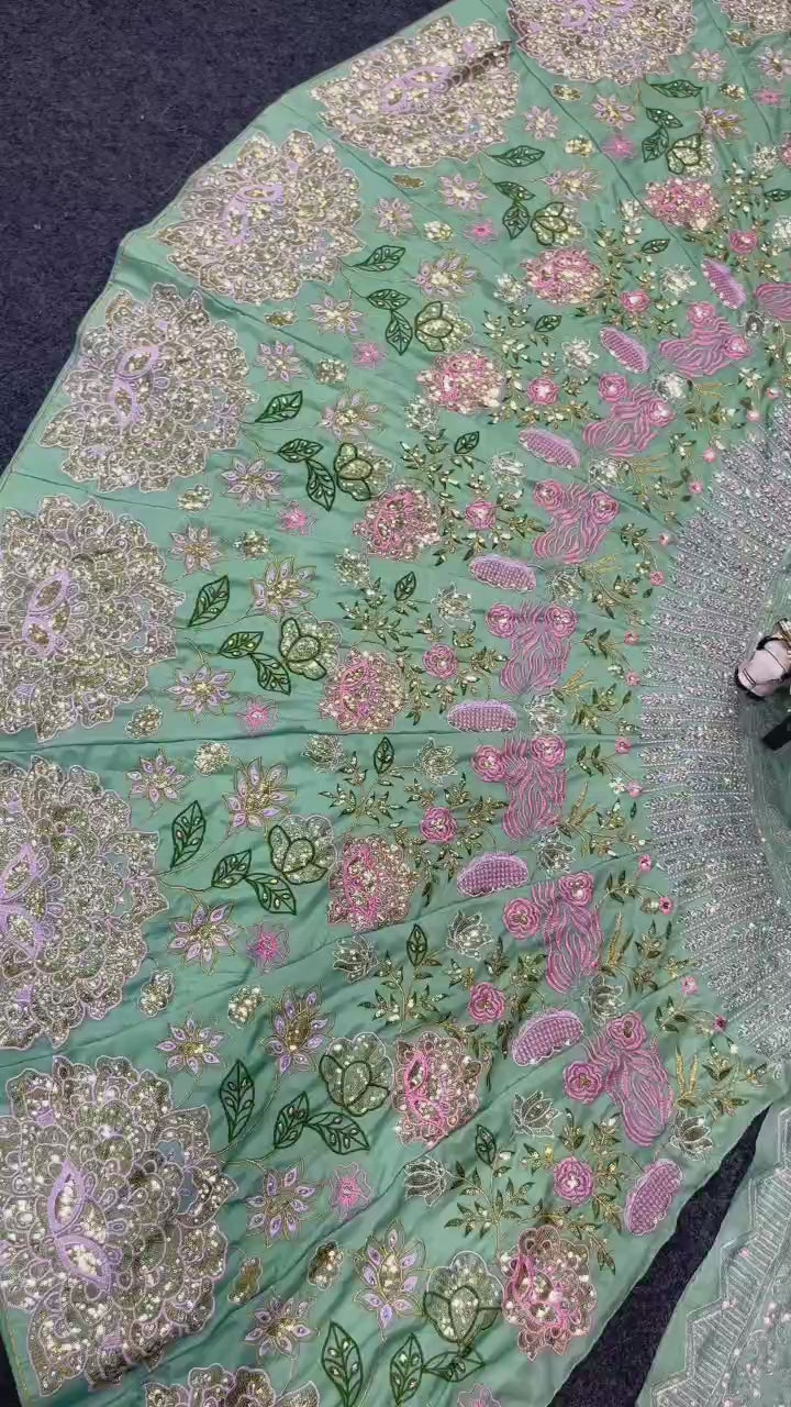 Mint Green Floral Sequin Embroidered Lehenga Choli