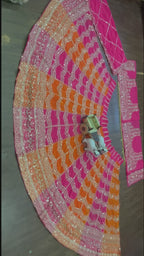 Pink and Orange Dual Tone Embroidered Lehenga Set with Mirror and Zari Work
