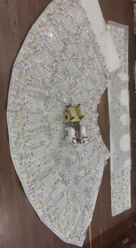 Net Mirror Work Embroidered Fabric with Silver Sequins and Pastel Threadwork