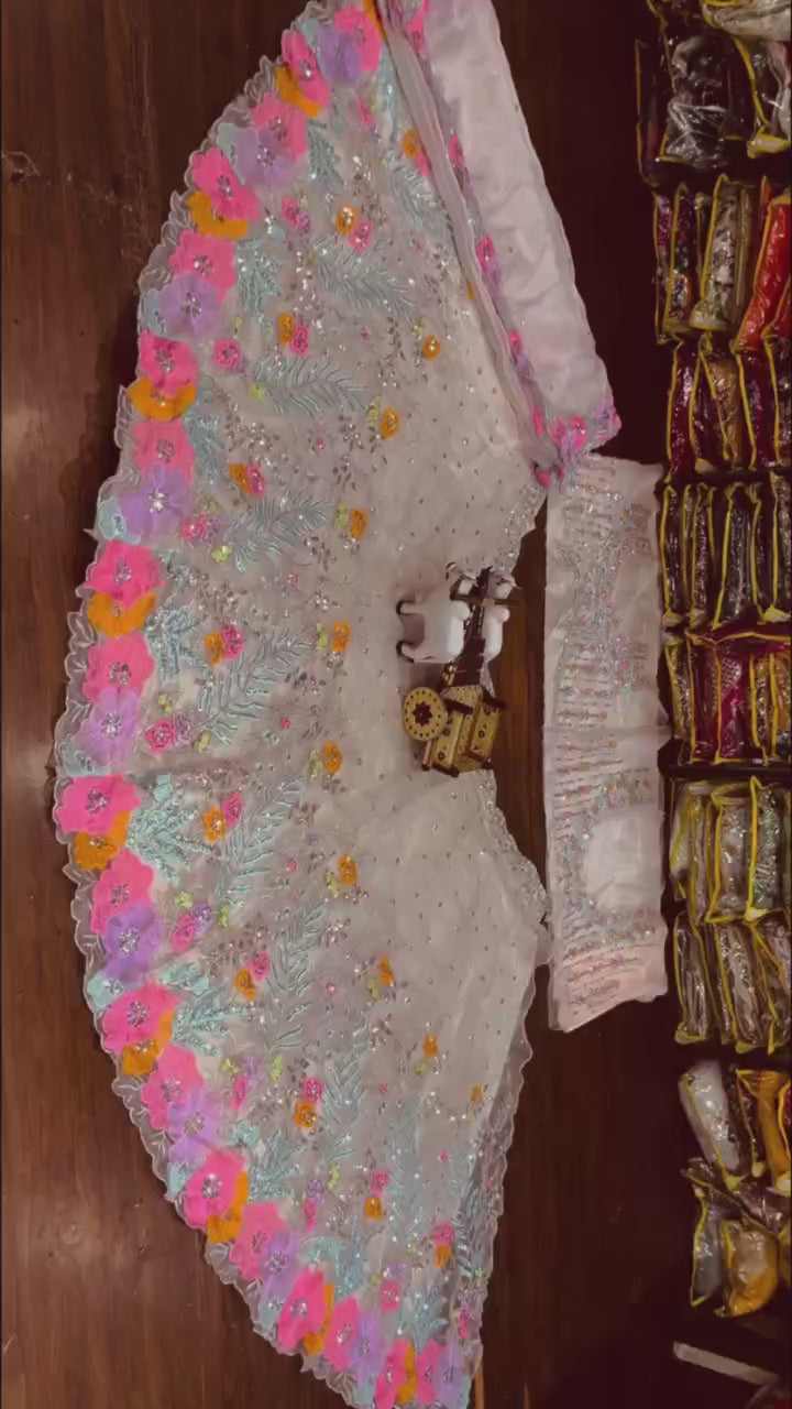 Multi-Color Embroidered Lehenga Set with 3D Floral and Sequin Work