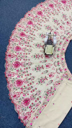 Cream Embroidered Fabric Set with Pink Floral and Mirror Work