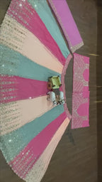 Multicolor Mirror Work Lehenga Fabric Set – Pink, Peach & Teal Embroidered Design